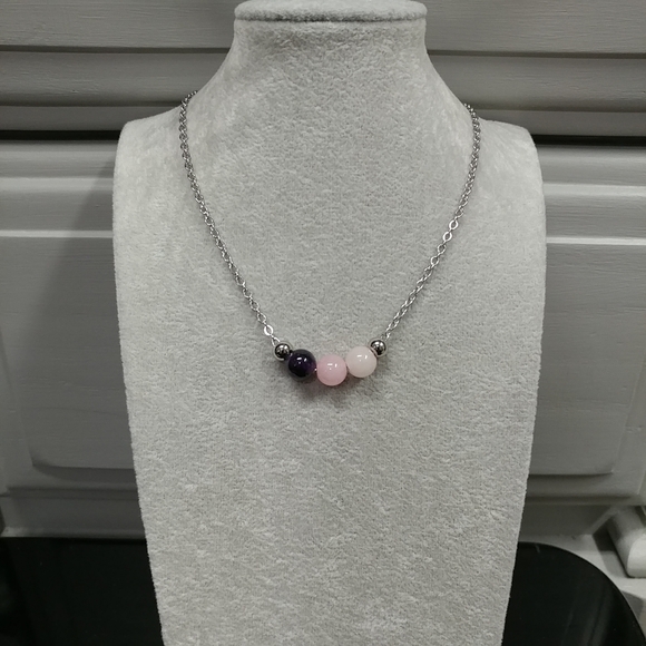 Rose Quartz Amethyst Three Bead Necklace Natural Gemstone Crystal StainlessSteel - Picture 8 of 14